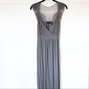 BCBG Boho Long Maxi Dress Crochet Detail Gray